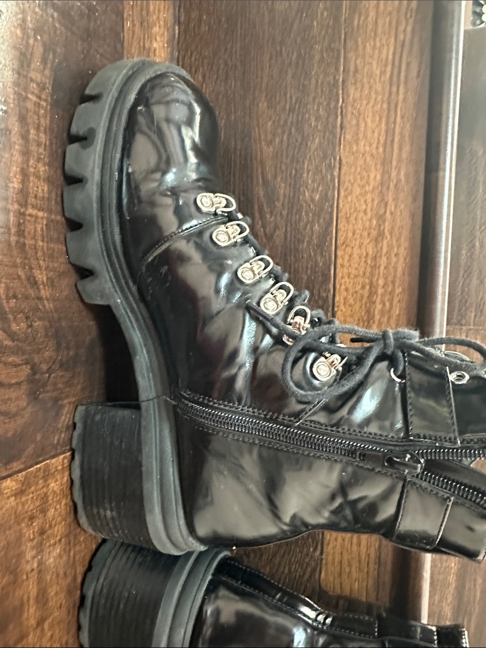 Jeffrey Campbell Black Patent Lace-Up Lug Boot with Buckle - Picture 2 of 9